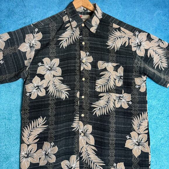 Extreme Gear Mens L Hawaiian Shirt Gray Tan Floral 100% Poly Made in Korea - Picture 9 of 14